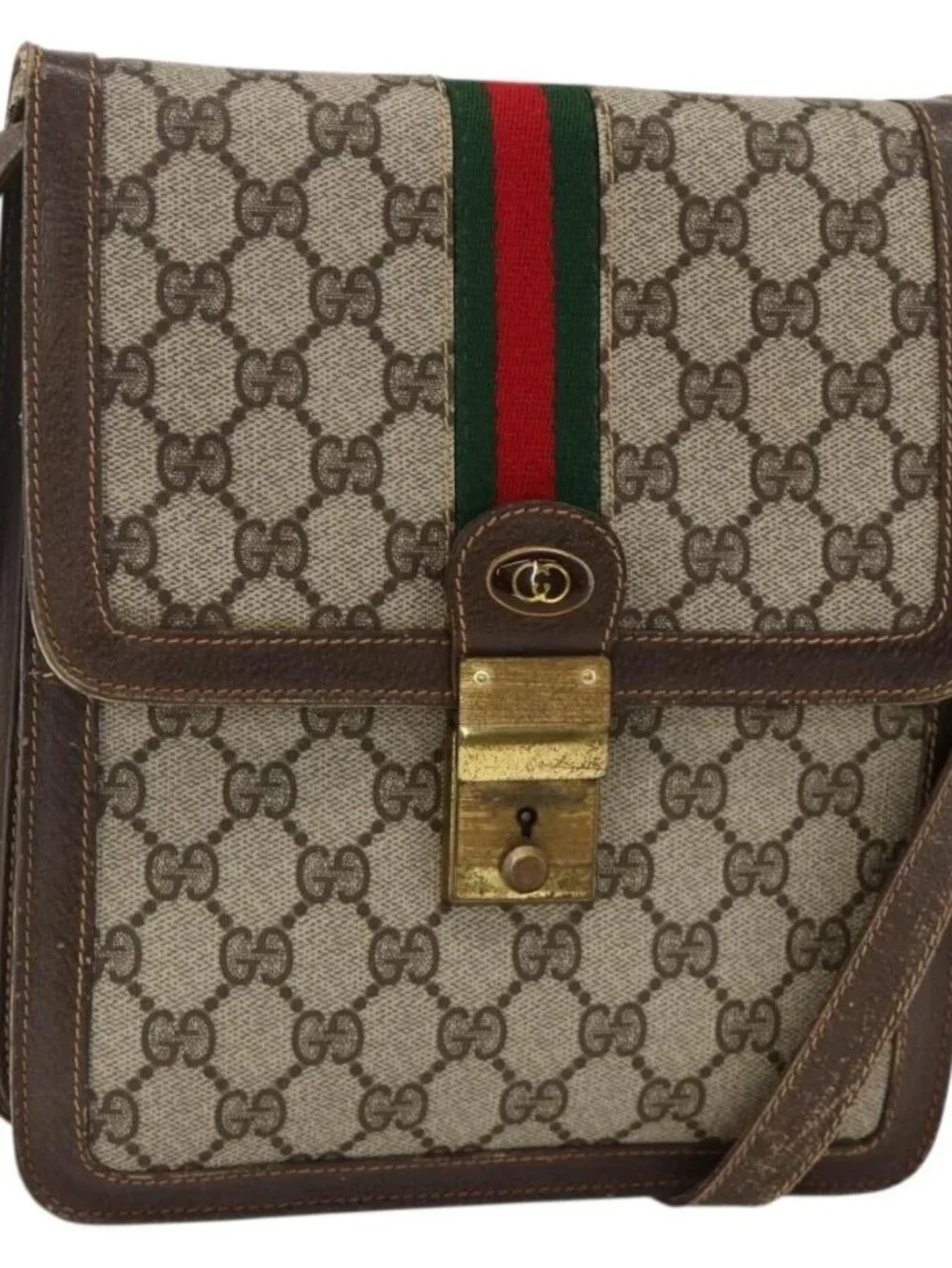 GUCCI GG Supreme Web Sherry Line Shoulder Bag PVC Beige Gold 145857 Auth BA11894